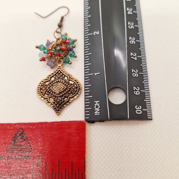 Copper Dangle Earrings With Multicolor Bead Cluster - Picture 5 of 5